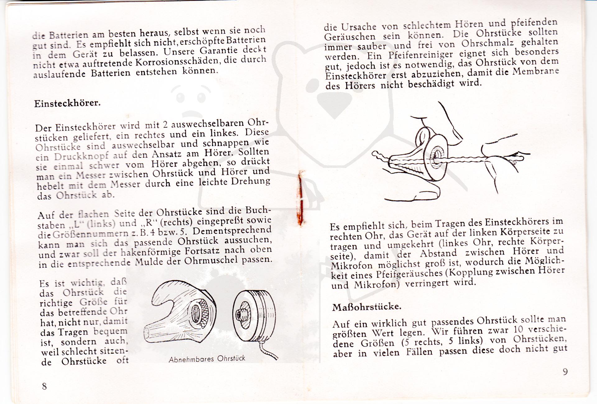 Hörgerät "Fortiphone Type 20", ca. 1949, Anleitung Seite 8 - 9